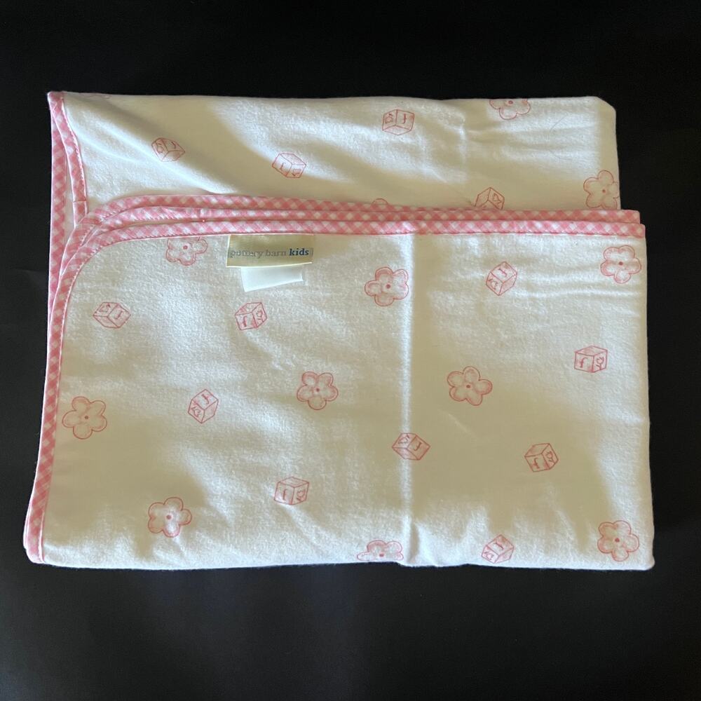 Pottery Barn Kids Blanket Cotton White Pink Gingham Trim Flowers Blocks 25x36"‎